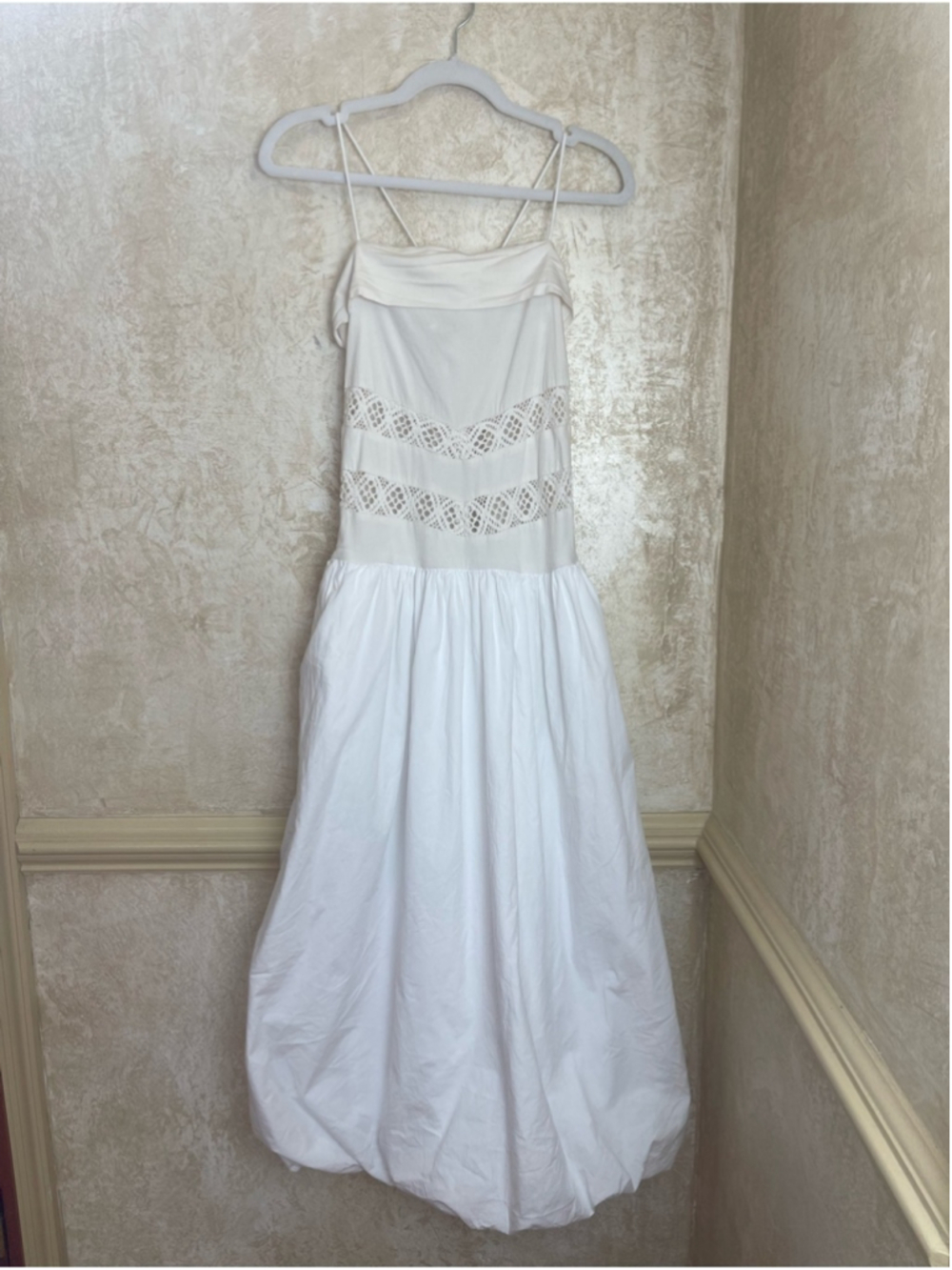Free People Starheart Crochet Inset Waist Bubble Hem Midi Dress White Size XL - Picture 4 of 14